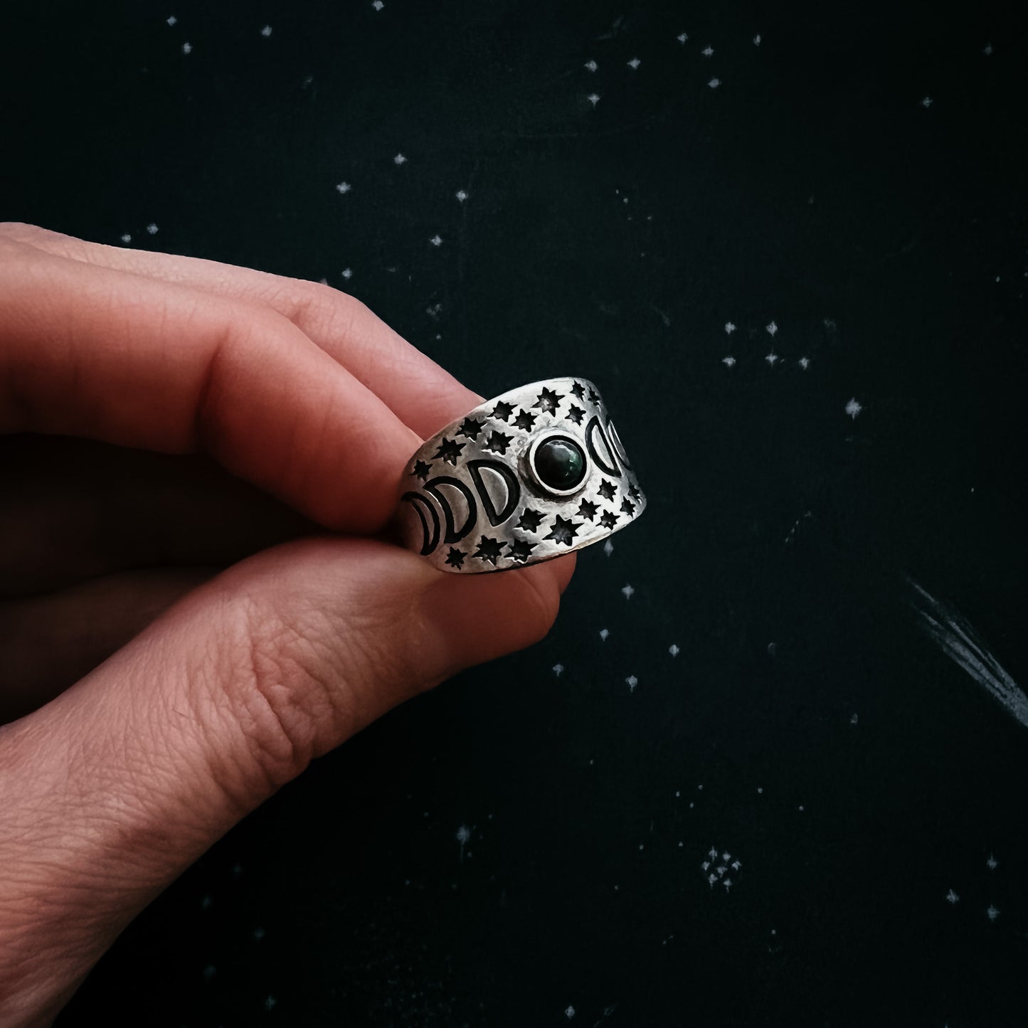 Eclipse Ring with Moon Phases and Black Opal Ring Yugen Handmade