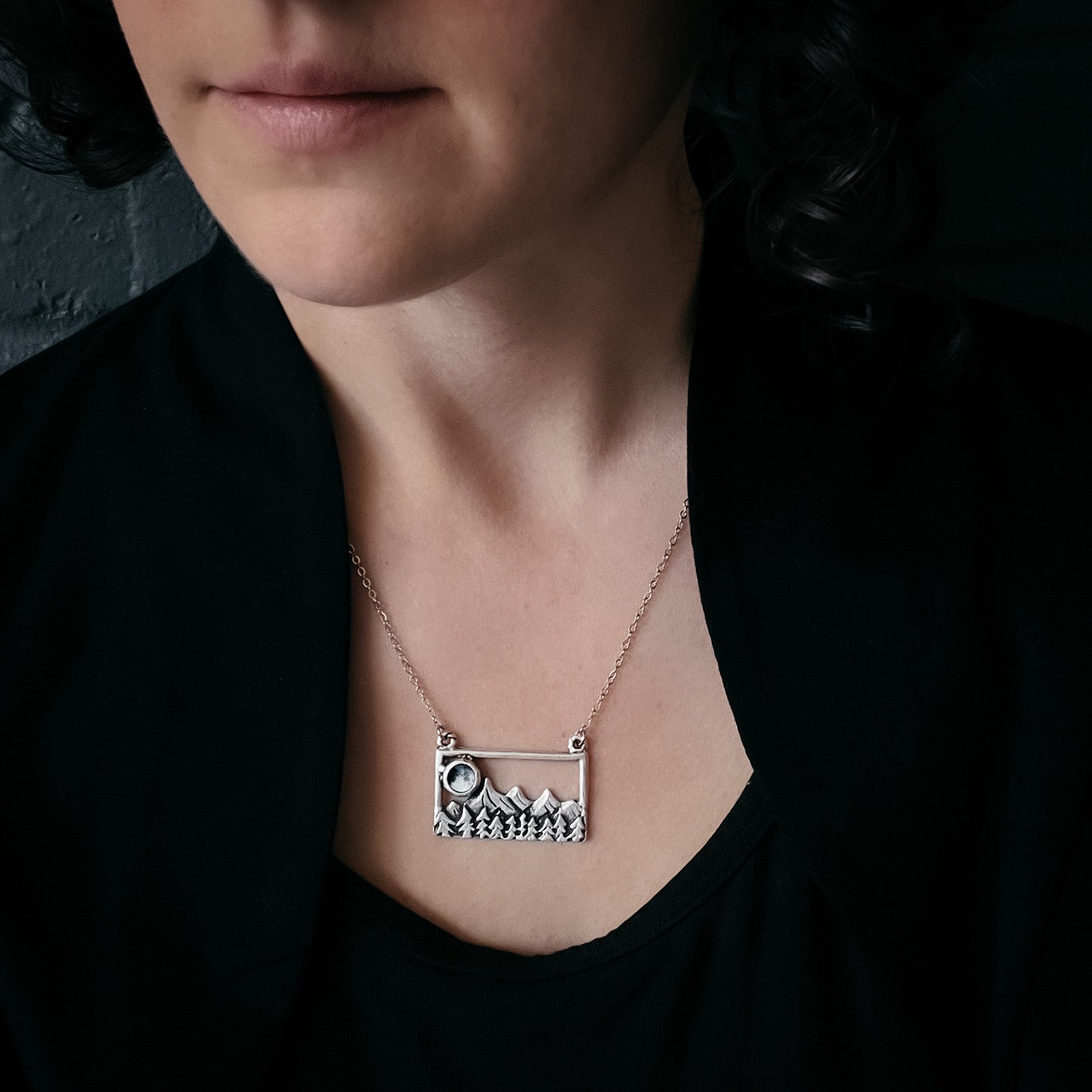 My Moon Rises Over Landscape - Rectangle Pendant Necklace Yugen Handmade