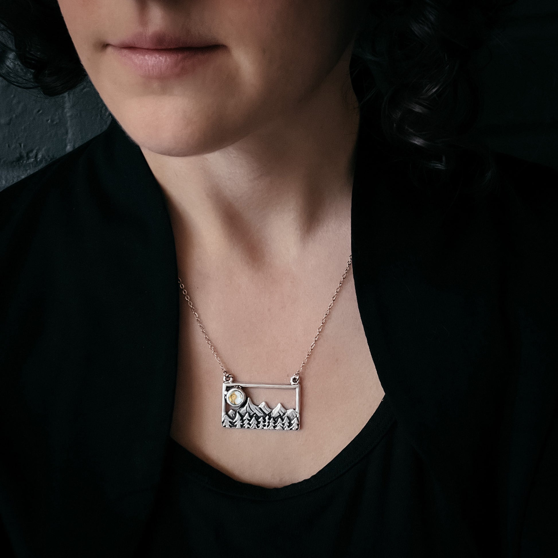 Rectangle Mountain Landscape Necklace with Copper Calcite Moon Necklace Yugen Handmade