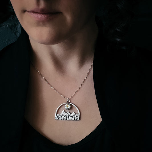 Semicircle Mountain Landscape Necklace with Copper Calcite Moon Necklace Yugen Handmade