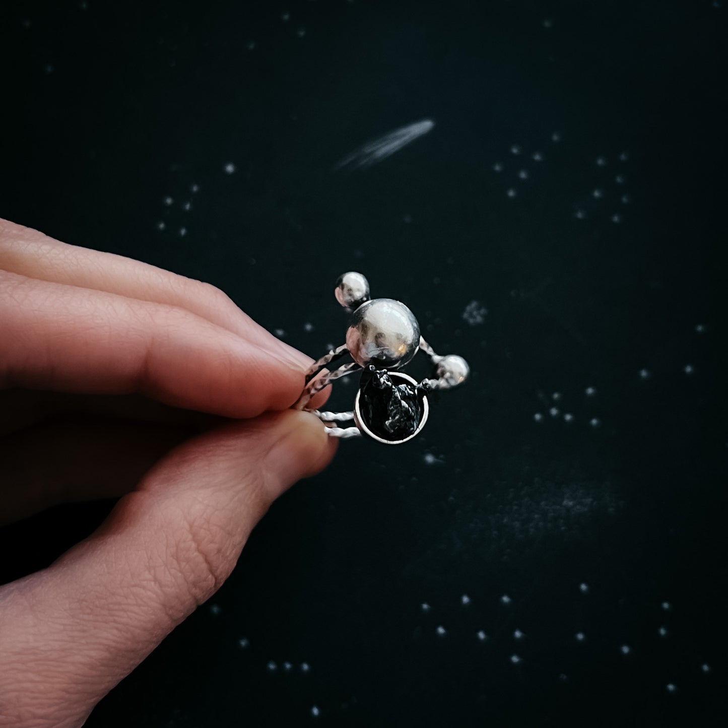 Orbiting Cosmic Bodies Ring with Authentic Meteorite Ring Yugen Handmade