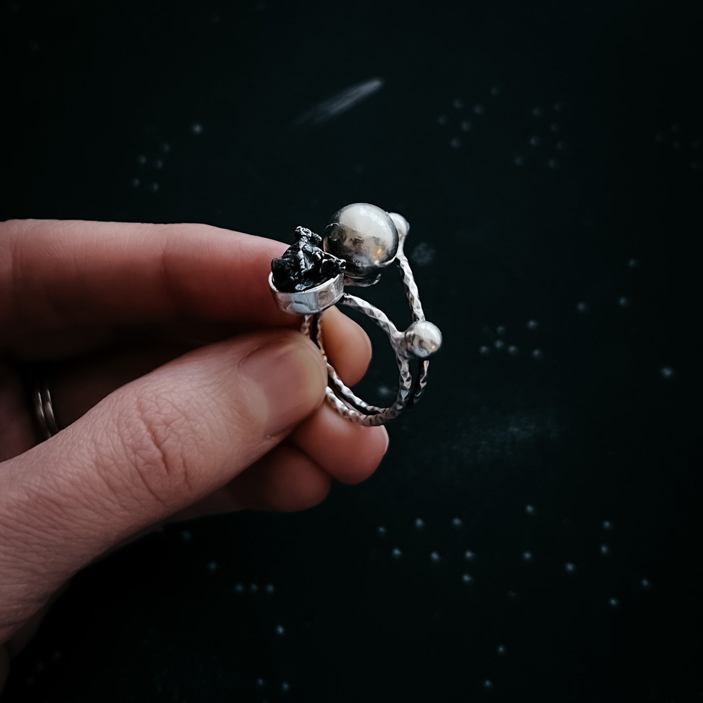 Orbiting Cosmic Bodies Ring with Authentic Meteorite Ring Yugen Handmade