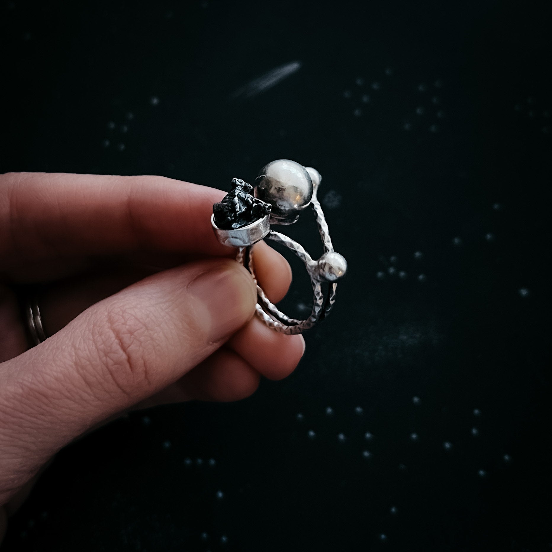 Orbiting Cosmic Bodies Ring with Authentic Meteorite Ring Yugen Handmade