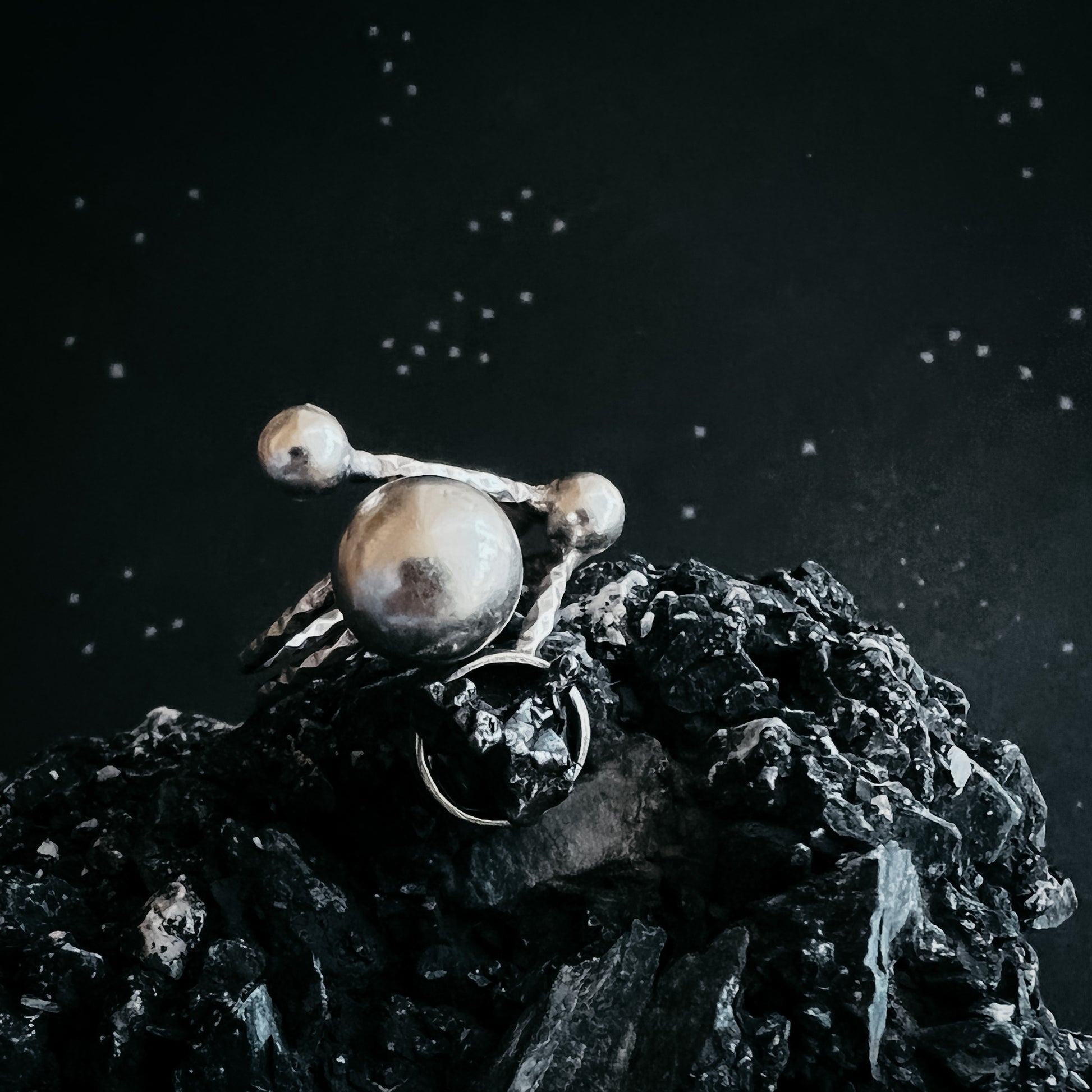 Orbiting Cosmic Bodies Ring with Authentic Meteorite Ring Yugen Handmade