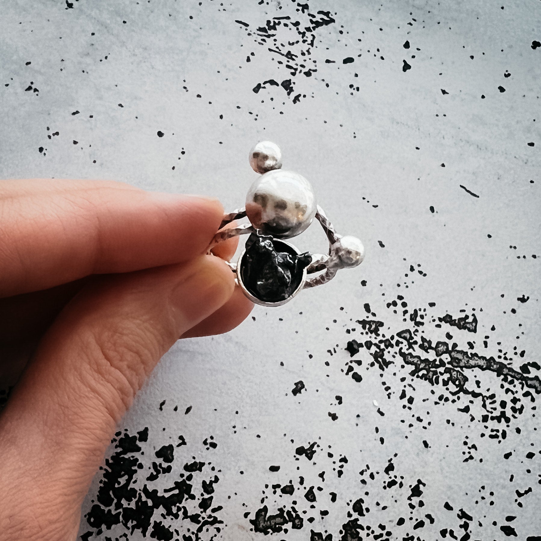 Orbiting Cosmic Bodies Ring with Authentic Meteorite Ring Yugen Handmade