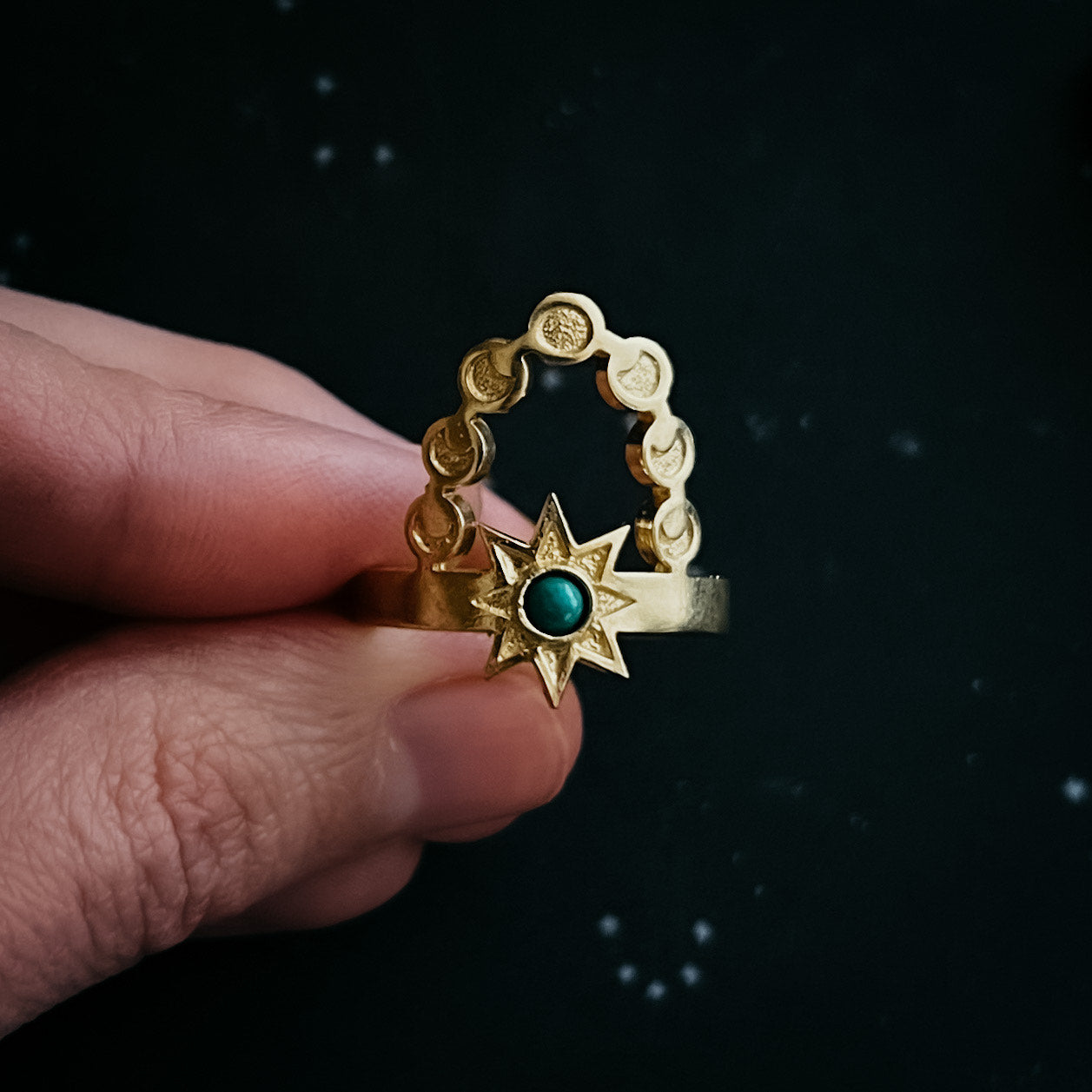 Cosmic Dance Ring with Turquoise, Moon Phases, and Sun Ring Yugen Handmade Gold