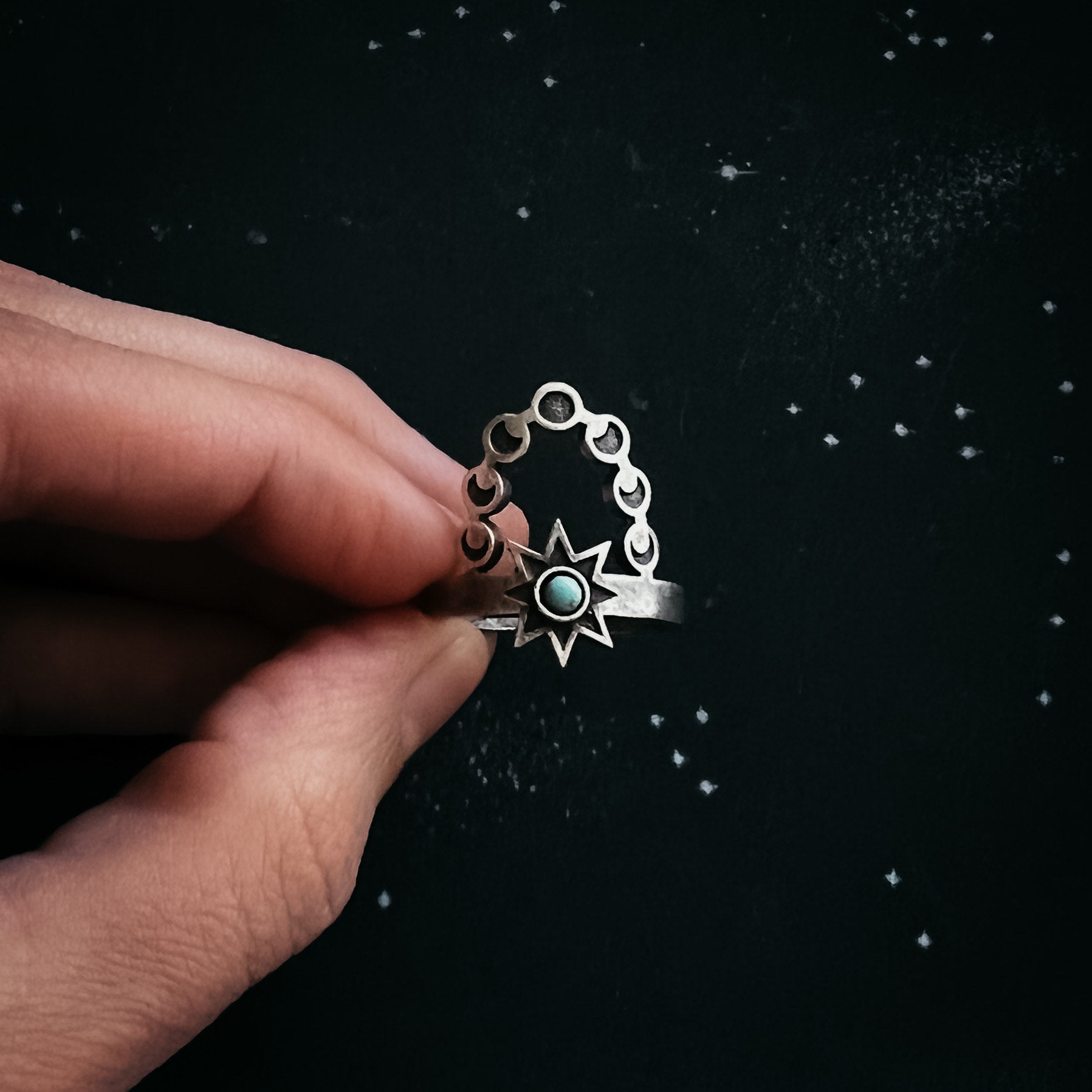Cosmic Dance Ring with Turquoise, Moon Phases, and Sun Ring Yugen Handmade Silver