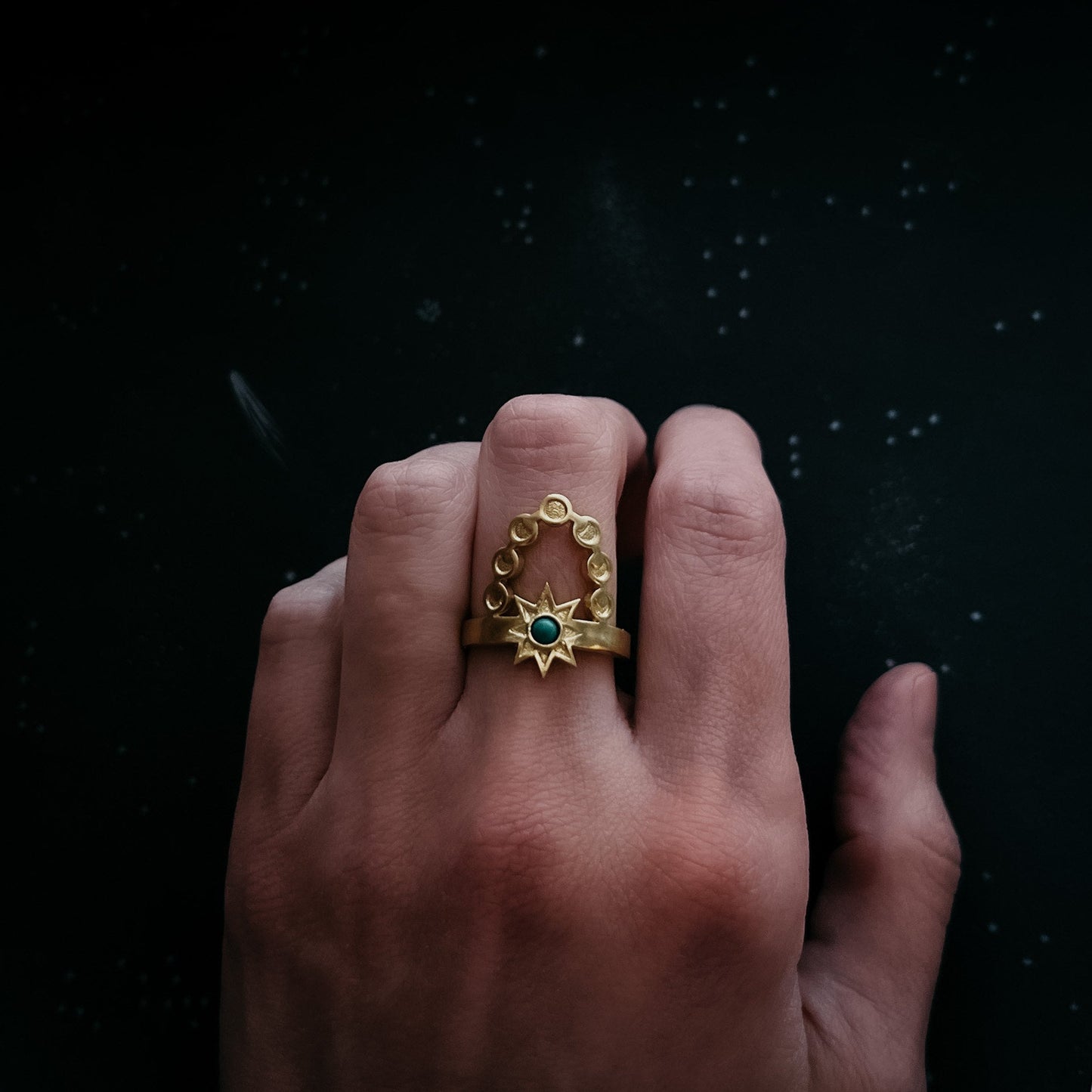 Cosmic Dance Ring with Turquoise, Moon Phases, and Sun Ring Yugen Handmade