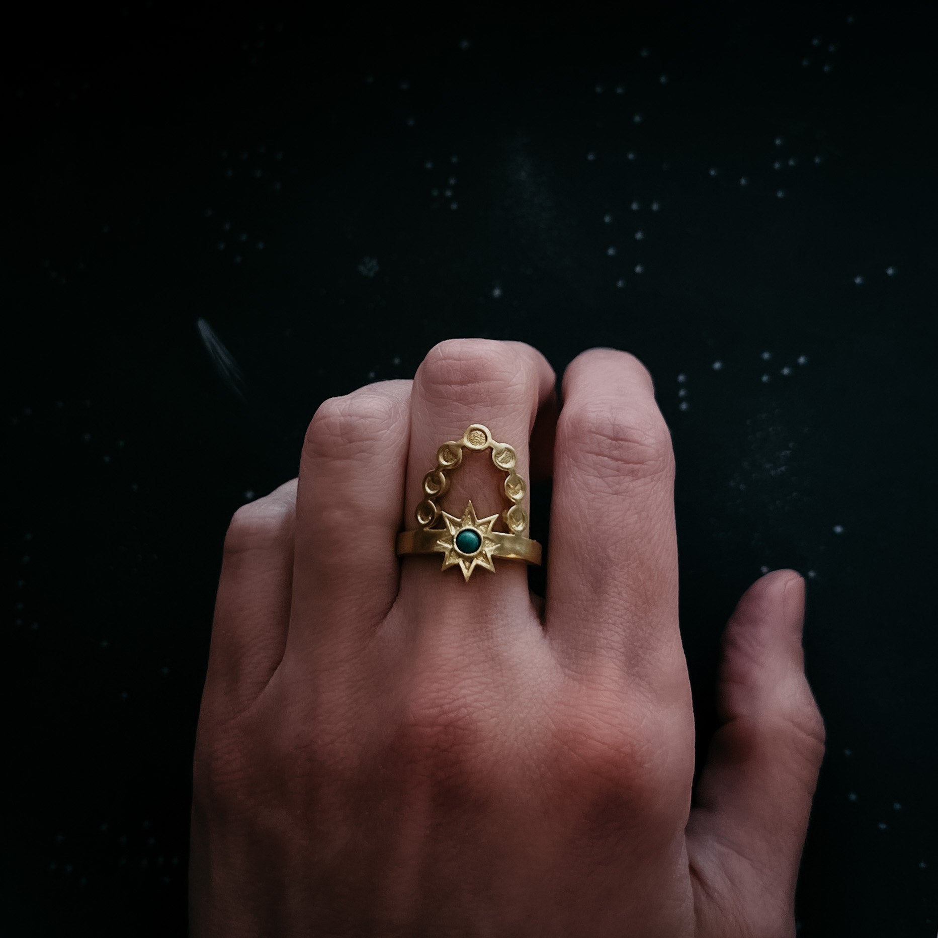 Cosmic Dance Ring with Turquoise, Moon Phases, and Sun Ring Yugen Handmade