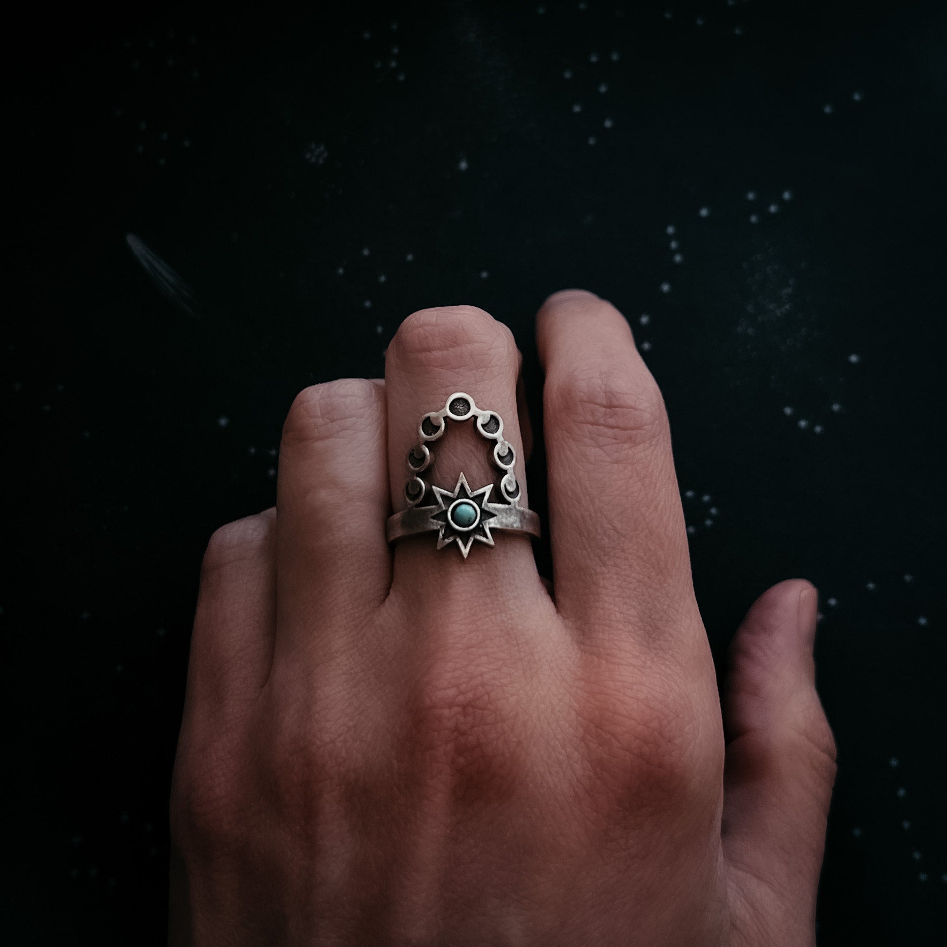Cosmic Dance Ring with Turquoise, Moon Phases, and Sun Ring Yugen Handmade