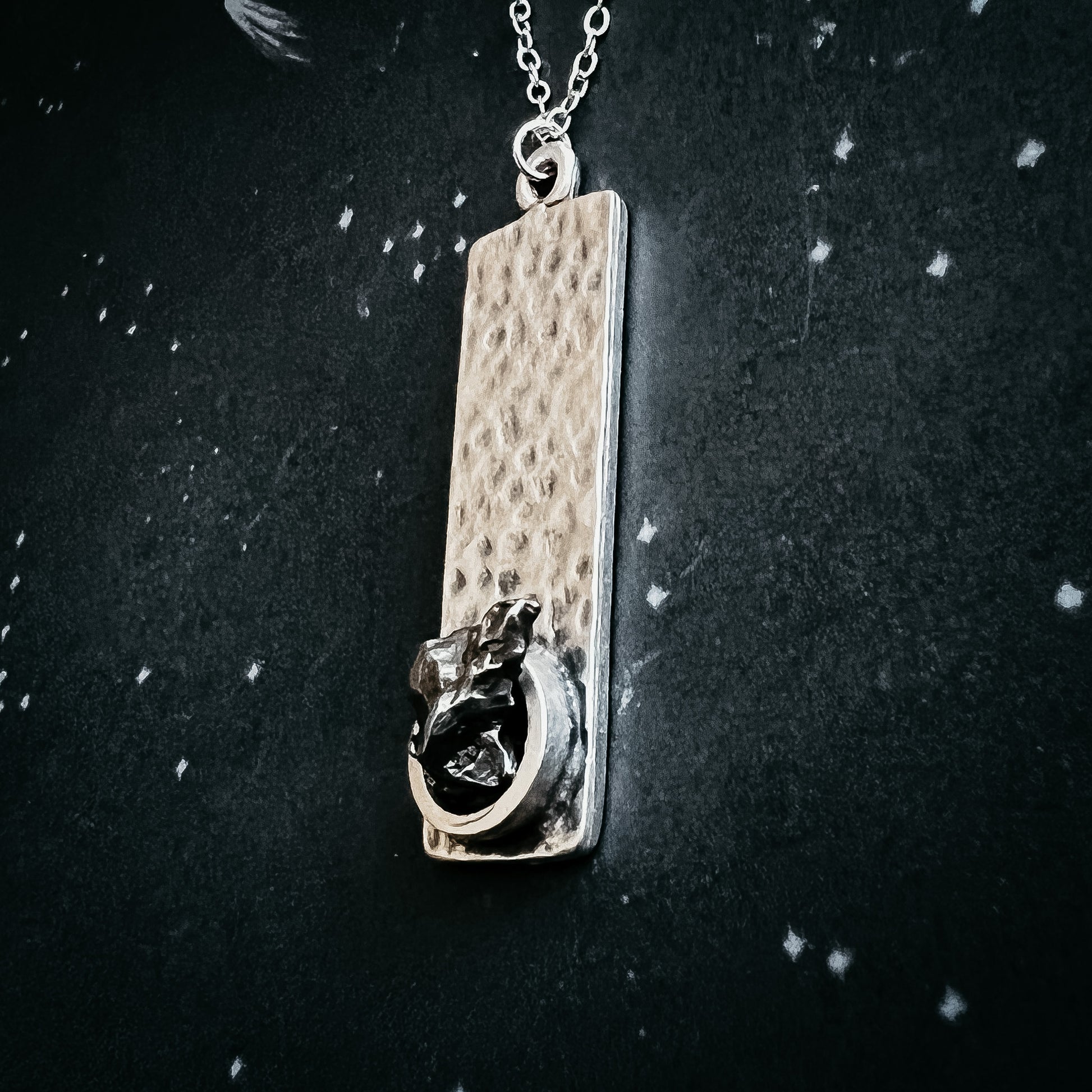 Rectangle Pendant with Raw Meteorite Necklace Yugen Handmade