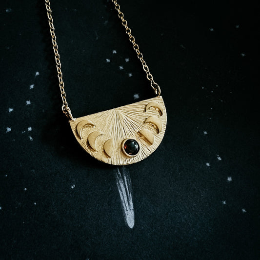 Lunar Eclipse Half Circle Pendant Necklace with Moon Phases and Black Opal Necklace Yugen Handmade Gold