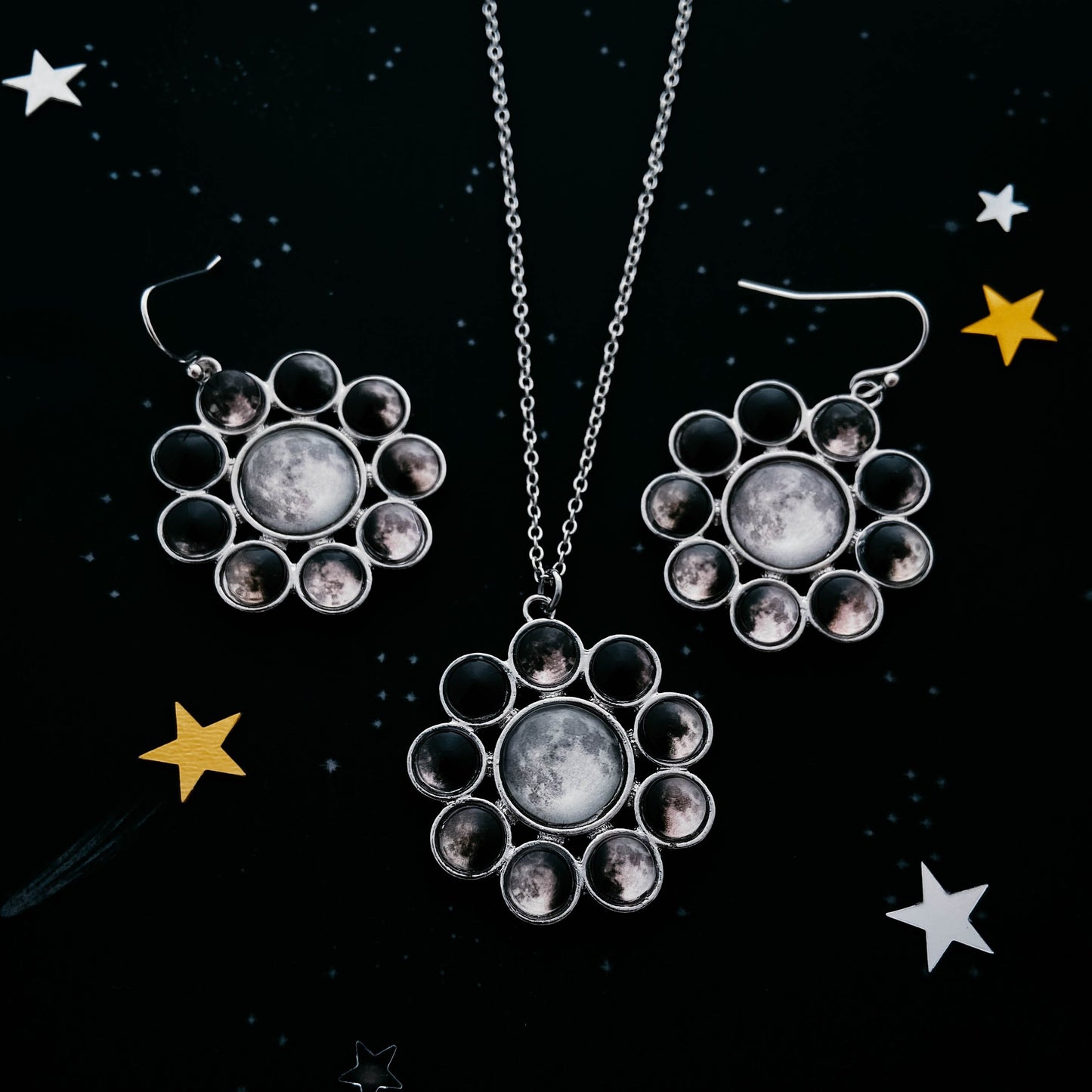 Moon Phases Halo Dangle Earrings Earrings Yugen Handmade