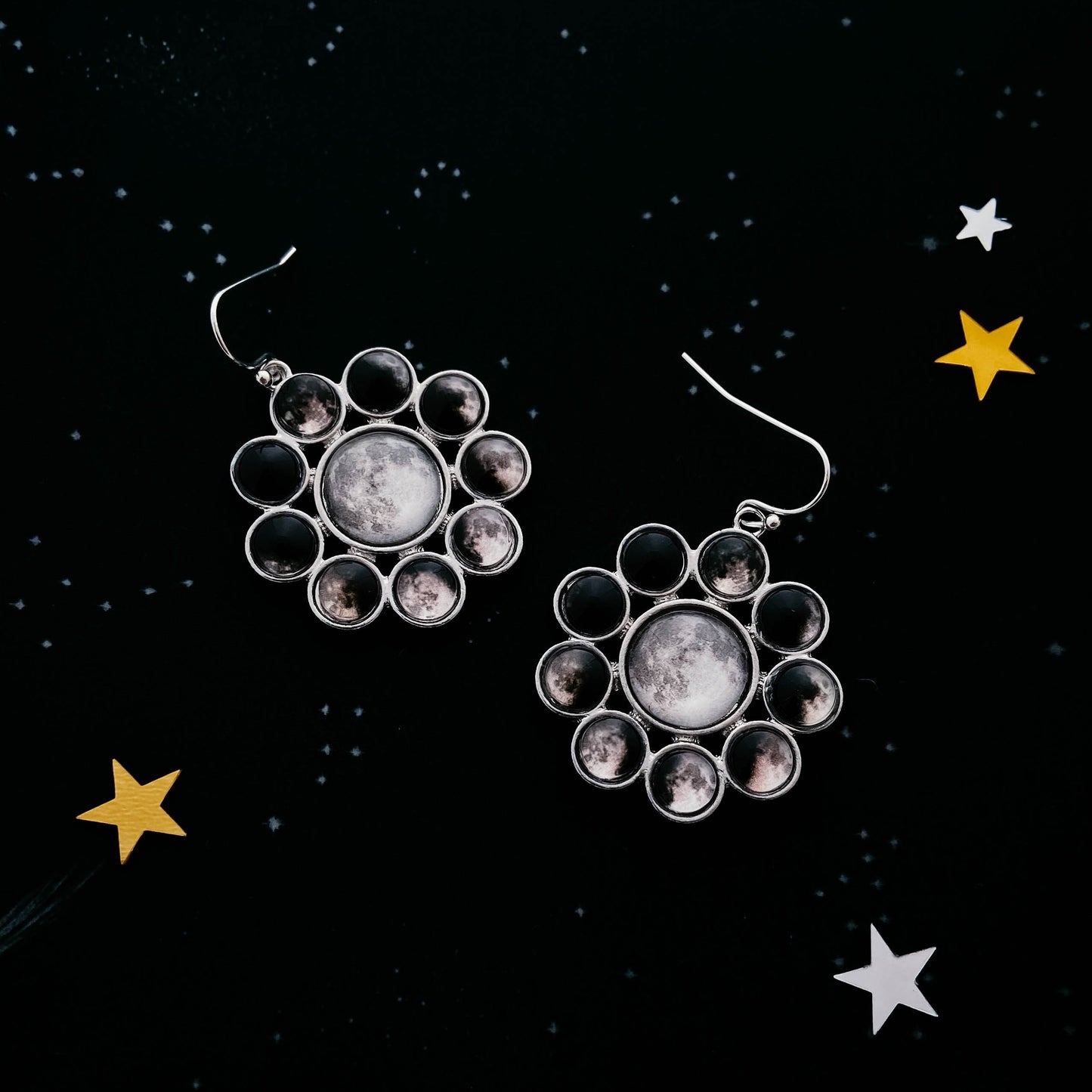 Moon Phases Halo Dangle Earrings Earrings Yugen Handmade   