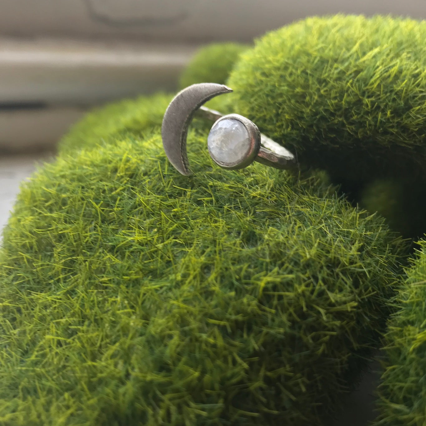 Moon Goddess Ring - Crescent Moon with Rainbow Moonstone Ring Yugen Handmade