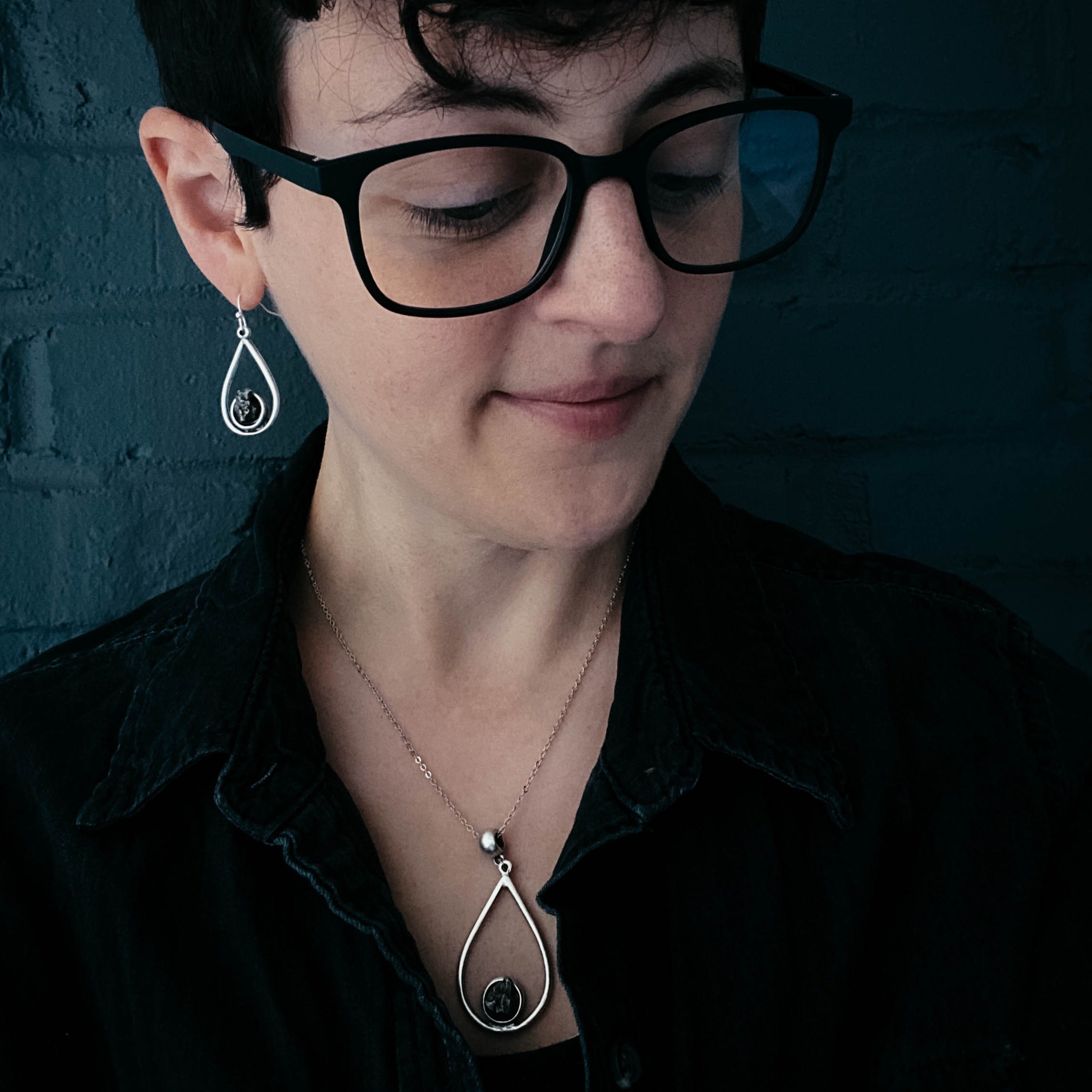 Meteorite Jewelry Set - Teardrop Necklace and Earrings Jewelry Set Yugen Handmade