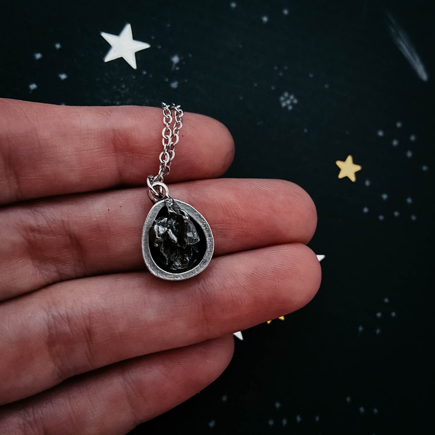 Small Teardrop Meteorite Pendant Necklace Yugen Handmade