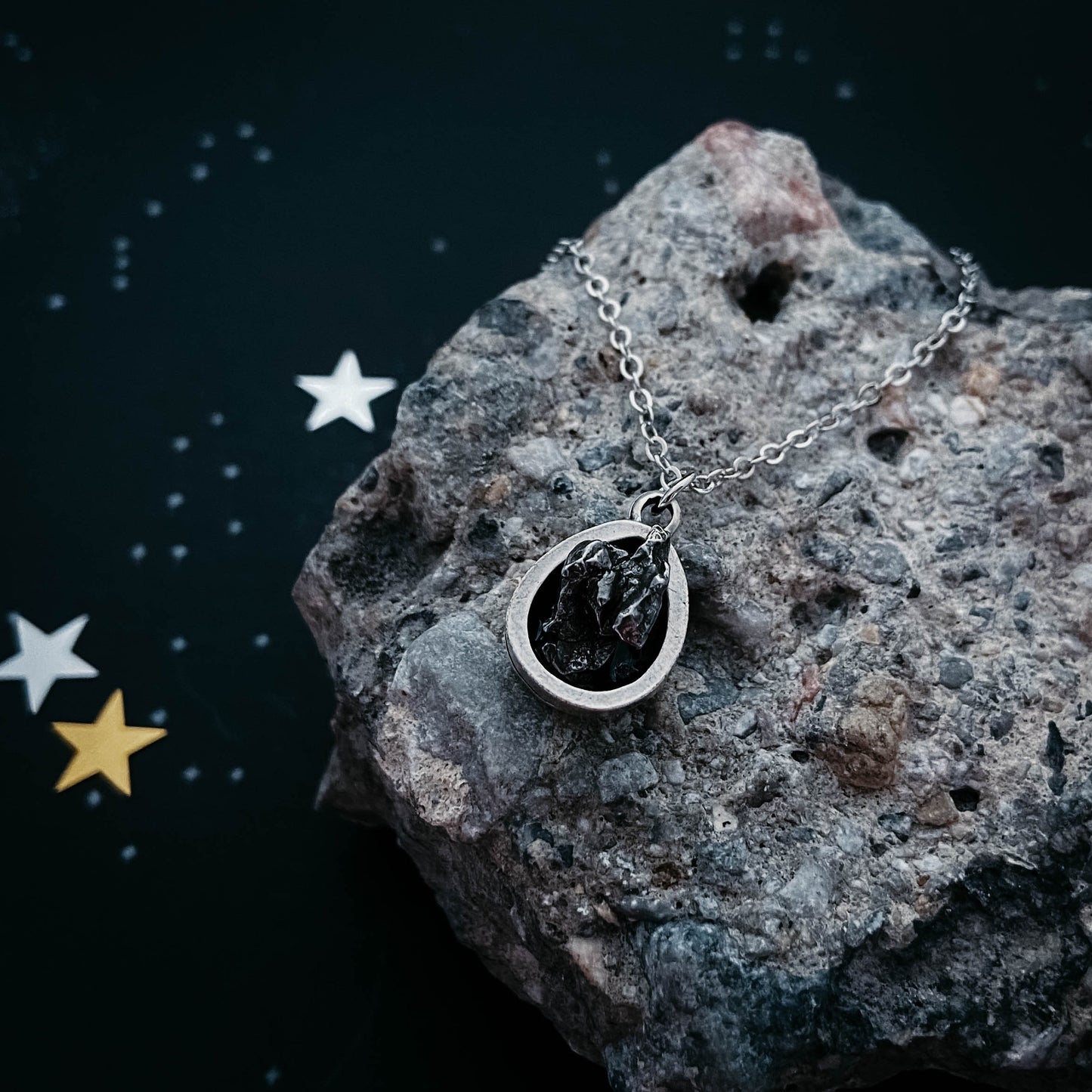 Small Teardrop Meteorite Pendant Necklace Yugen Handmade