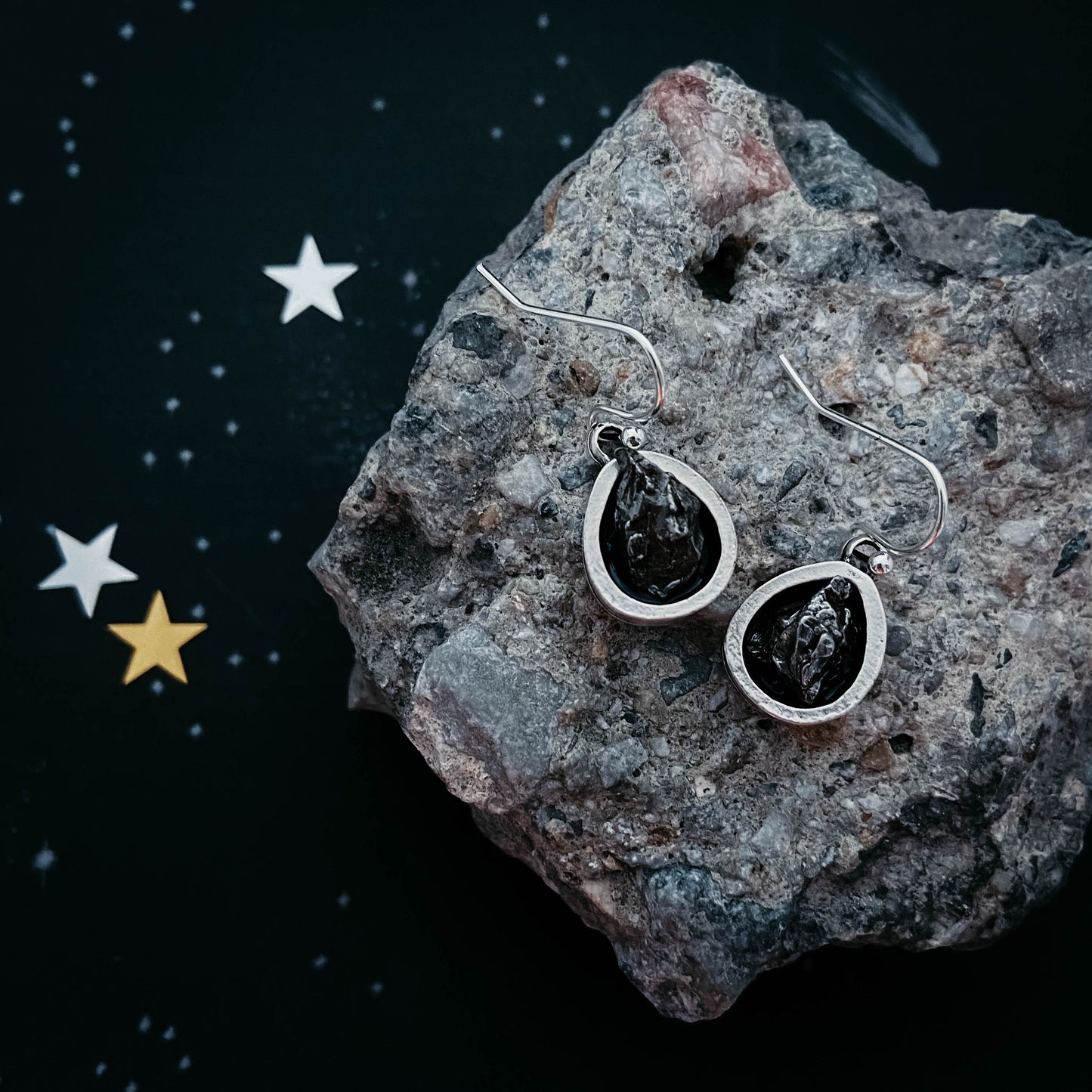 Pear Shaped Teardrop Meteorite Dangle Earrings Earrings Yugen Handmade