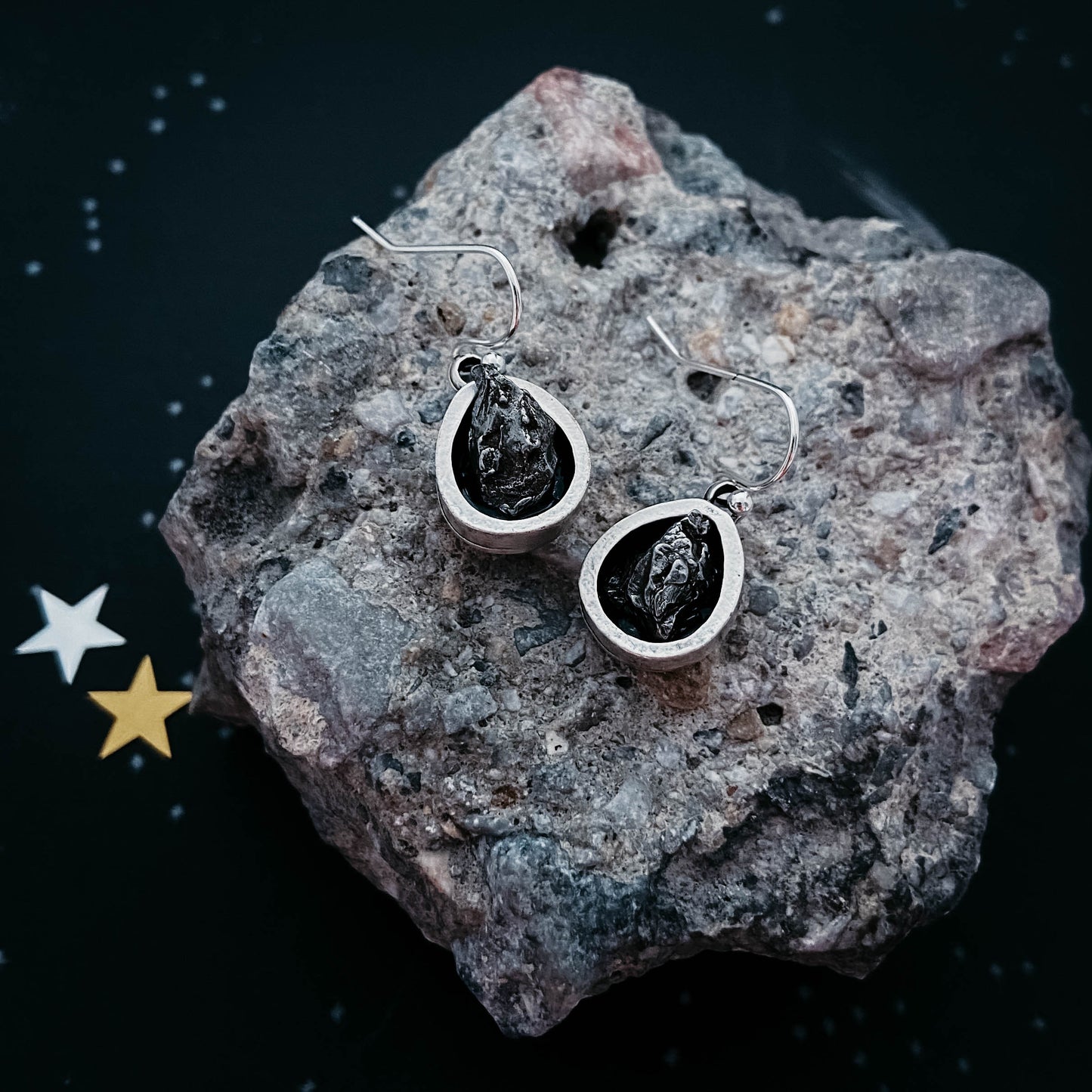 Pear Shaped Teardrop Meteorite Dangle Earrings Earrings Yugen Handmade