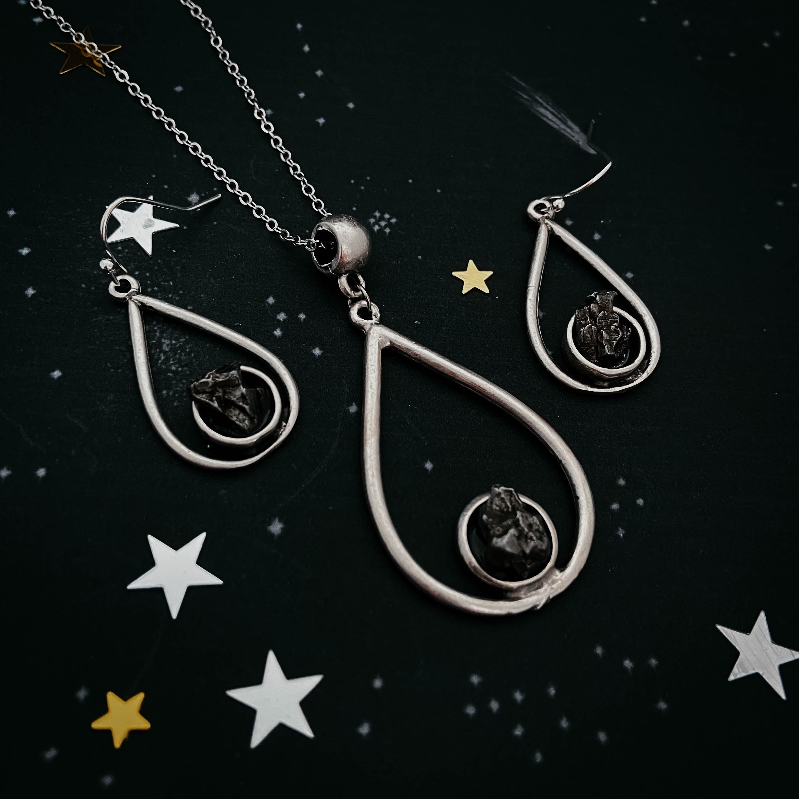 Meteorite Jewelry Set - Teardrop Necklace and Earrings Jewelry Set Yugen Handmade