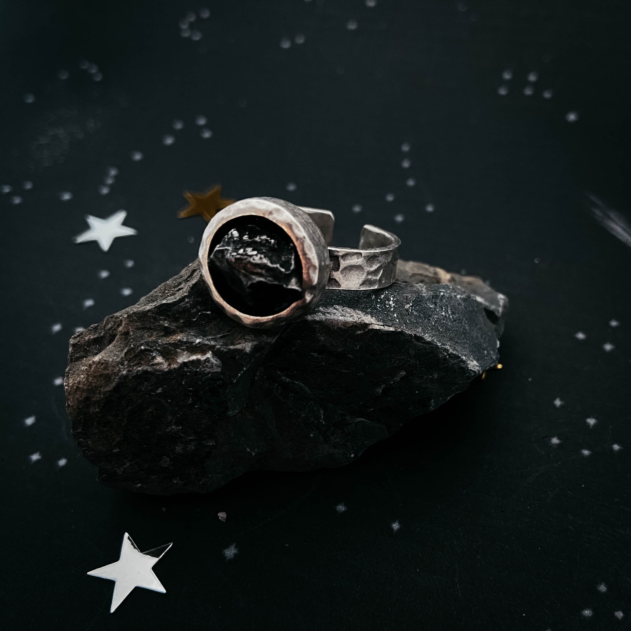Chunky Round Raw Meteorite Ring in Silver Ring Yugen Handmade