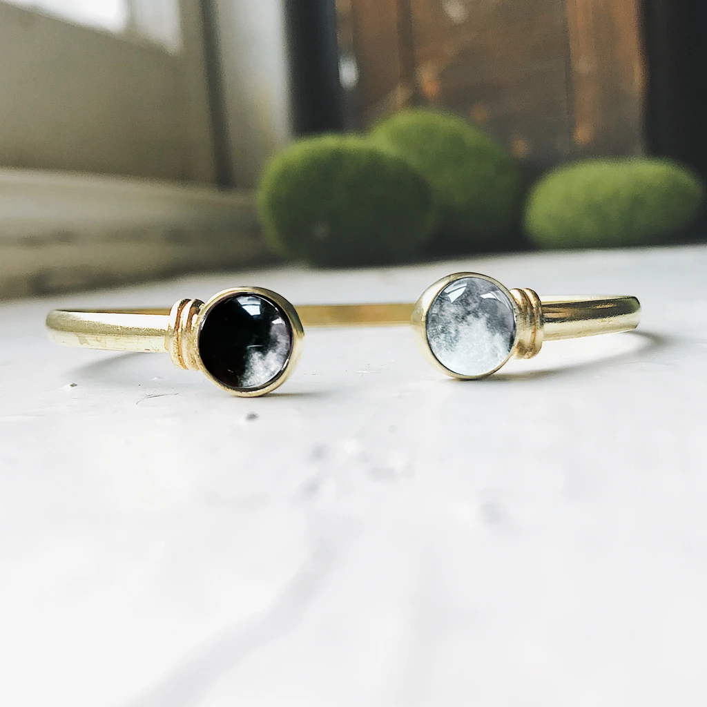 My Moon Cuff Bracelet - 2 Custom Moon Dates Bracelet Yugen Handmade Gold Tone