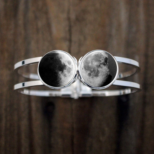 My Moon Hinged Cuff Bracelet - 2 Custom Moon Dates Bracelet Yugen Handmade Silver Tone