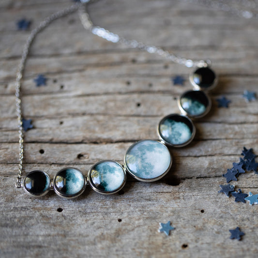 Varying Sized Curved Moon Phase Necklace in Silver Necklace Yugen Handmade Silver