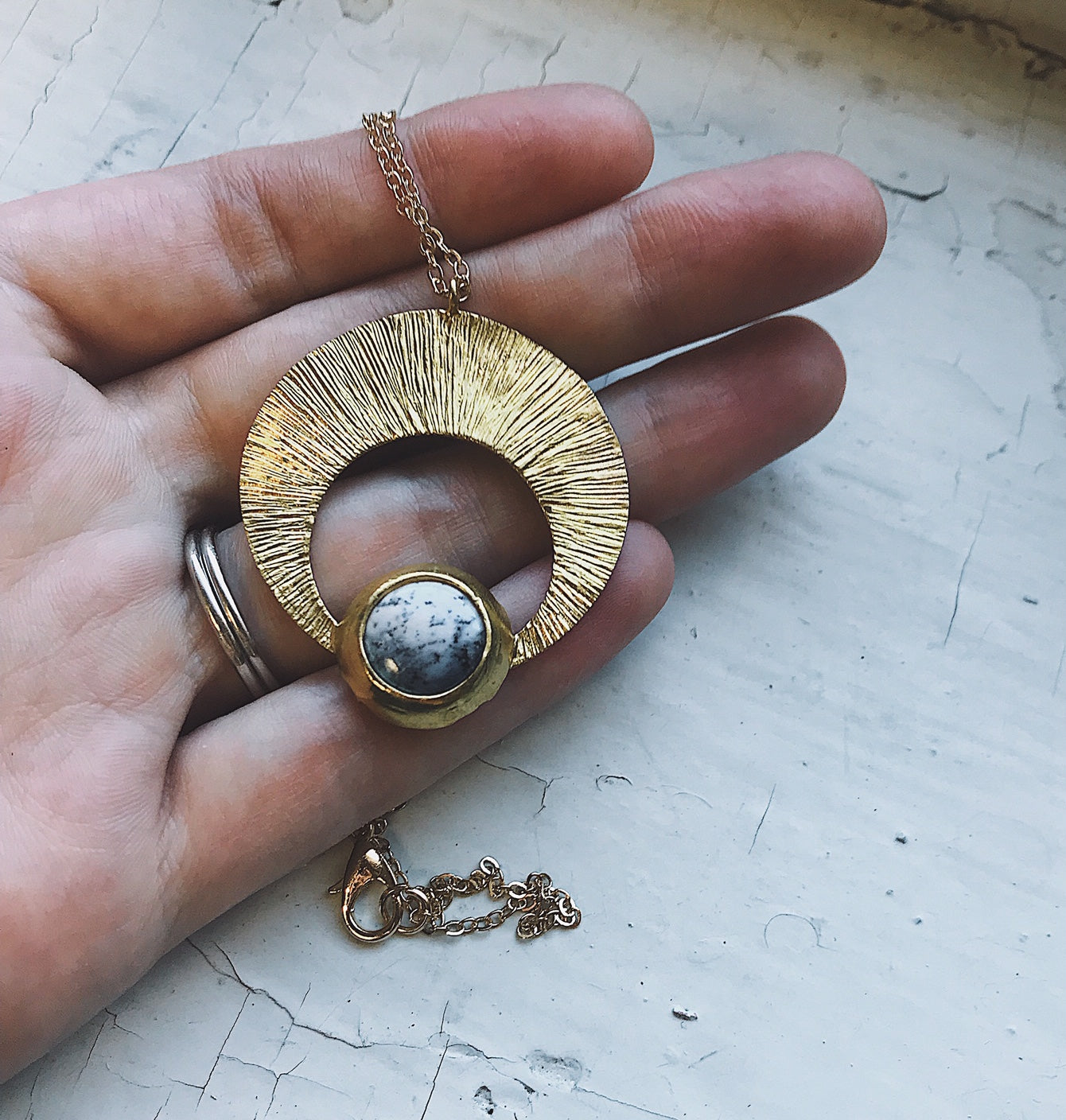 Crescent Moon Pendant with Dendritic Agate Necklace Yugen Handmade