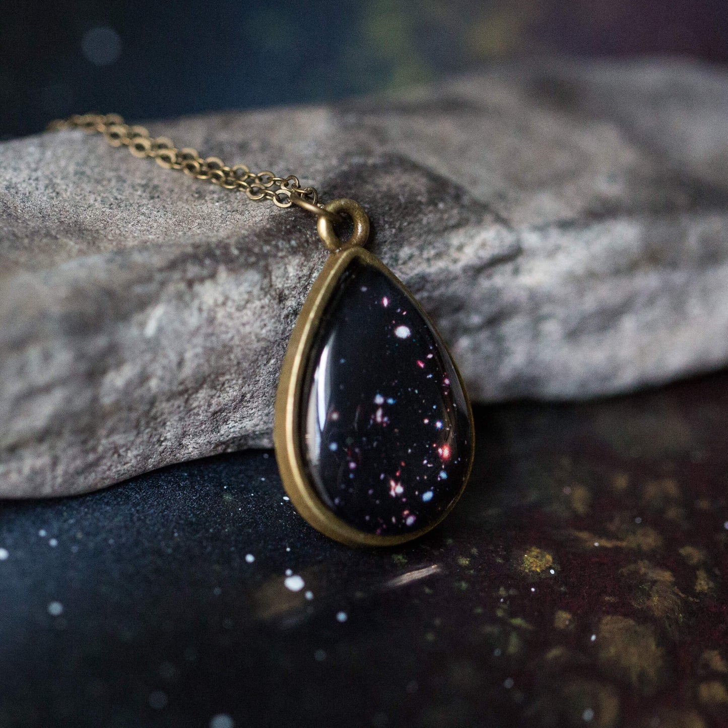 Discontinued Hubble Drops in Cosmic Ocean Pendant - Teardrop Necklace Necklace Yugen Handmade Antique Bronze Tone