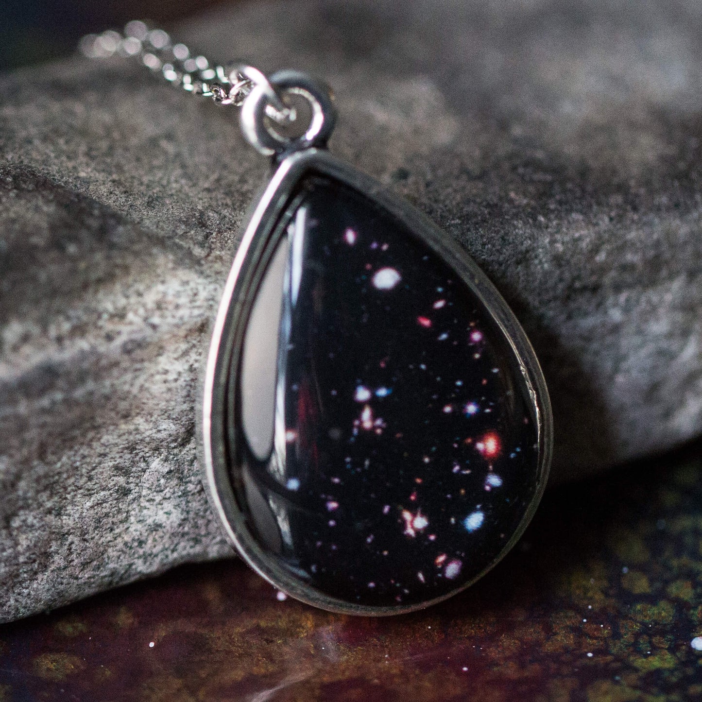 Discontinued Hubble Drops in Cosmic Ocean Pendant - Teardrop Necklace Necklace Yugen Handmade Antique Silver Tone