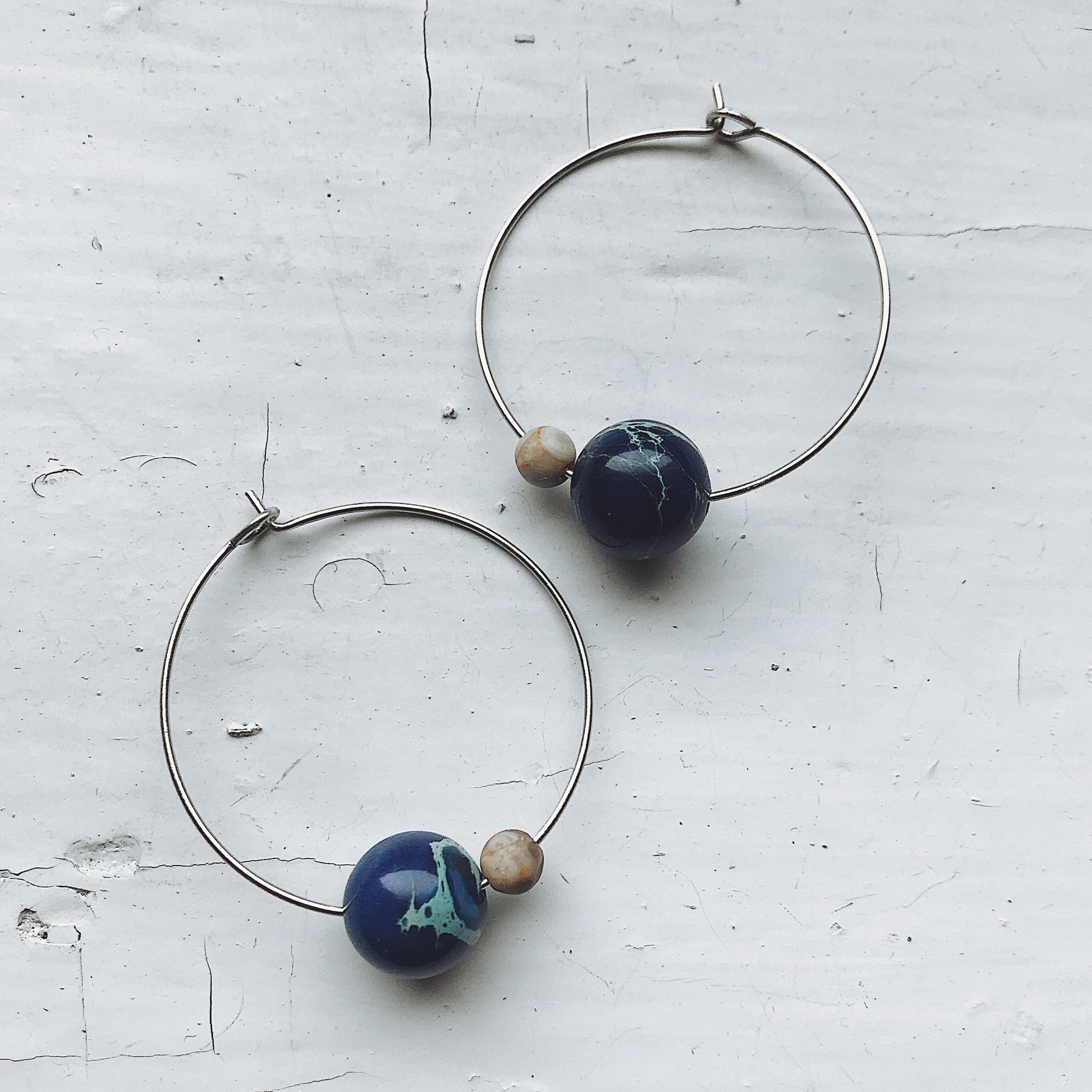 Earth and Moon Jasper Bead Hoop Earrings Earrings Yugen Handmade Silver Tone