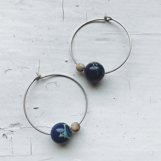 Earth and Moon Jasper Bead Hoop Earrings Earrings Yugen Handmade Silver Tone