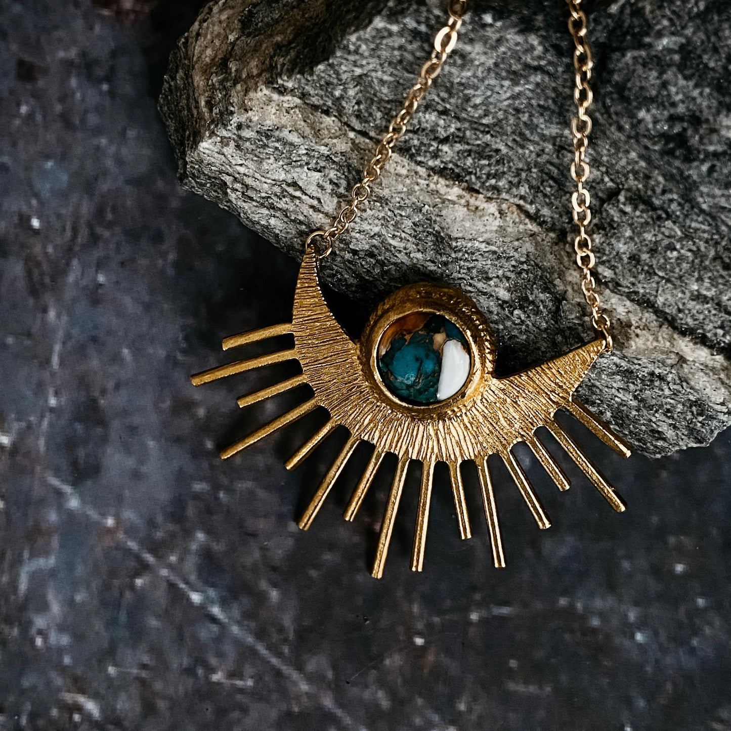 Sun Goddess Necklace - Sun Pendant with Copper Oyster Turquoise Necklace Yugen Handmade