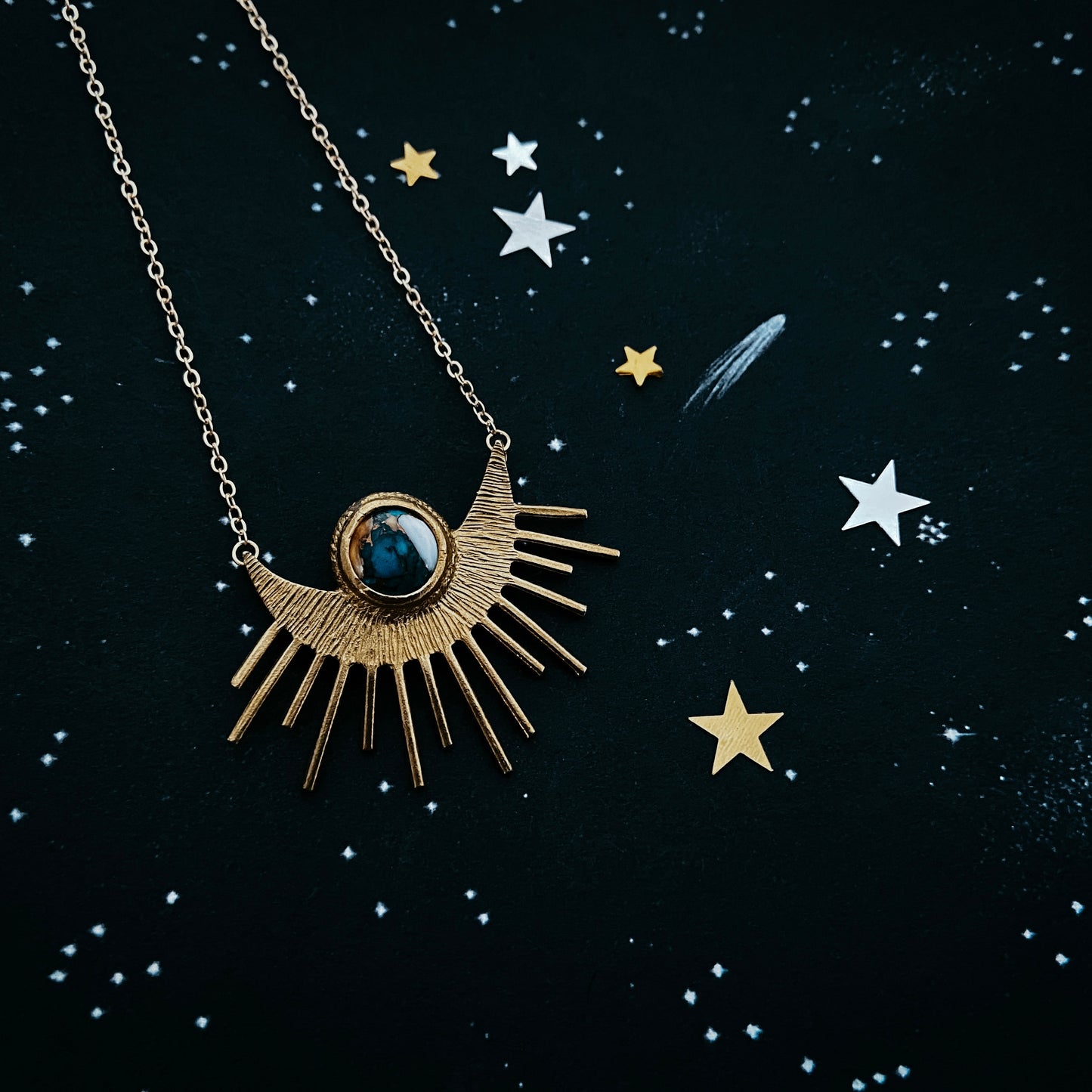 Sun Goddess Necklace - Sun Pendant with Copper Oyster Turquoise Necklace Yugen Handmade
