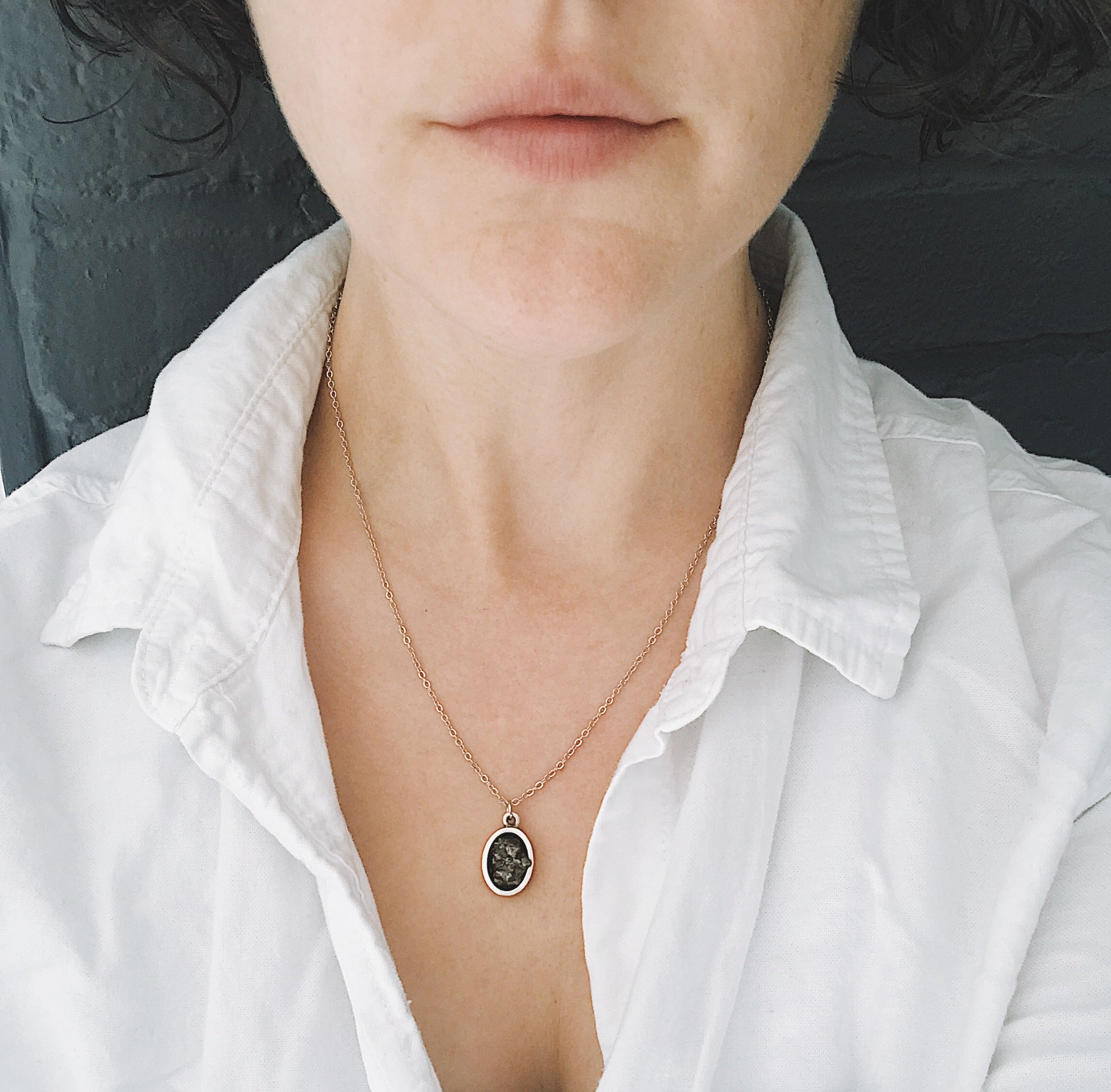 Oval Raw Meteorite Pendant Necklace in Matte Brushed Silver Necklace Yugen Handmade