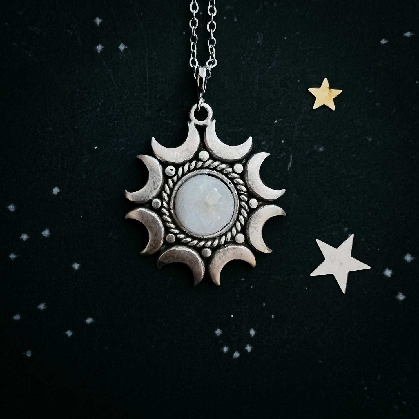 Lunar Witch Necklace - Rainbow Moonstone Pendant Necklace Yugen Handmade Silver Tone