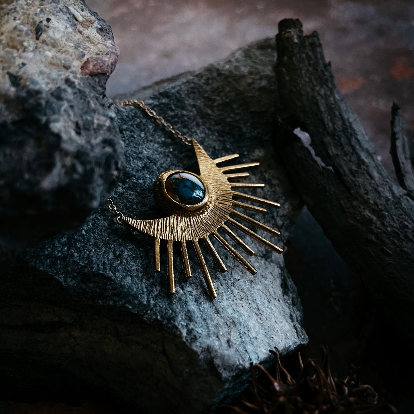 Sun Goddess Necklace - Sun Pendant with Copper Oyster Turquoise Necklace Yugen Handmade