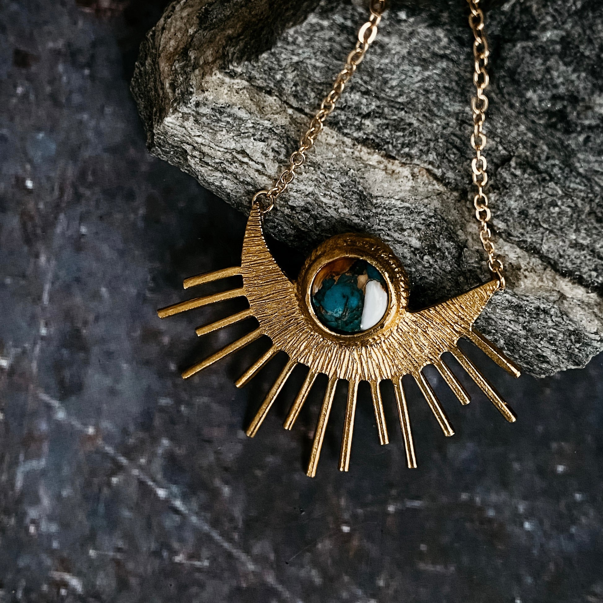 Sun Goddess Necklace - Sun Pendant with Copper Oyster Turquoise Necklace Yugen Handmade