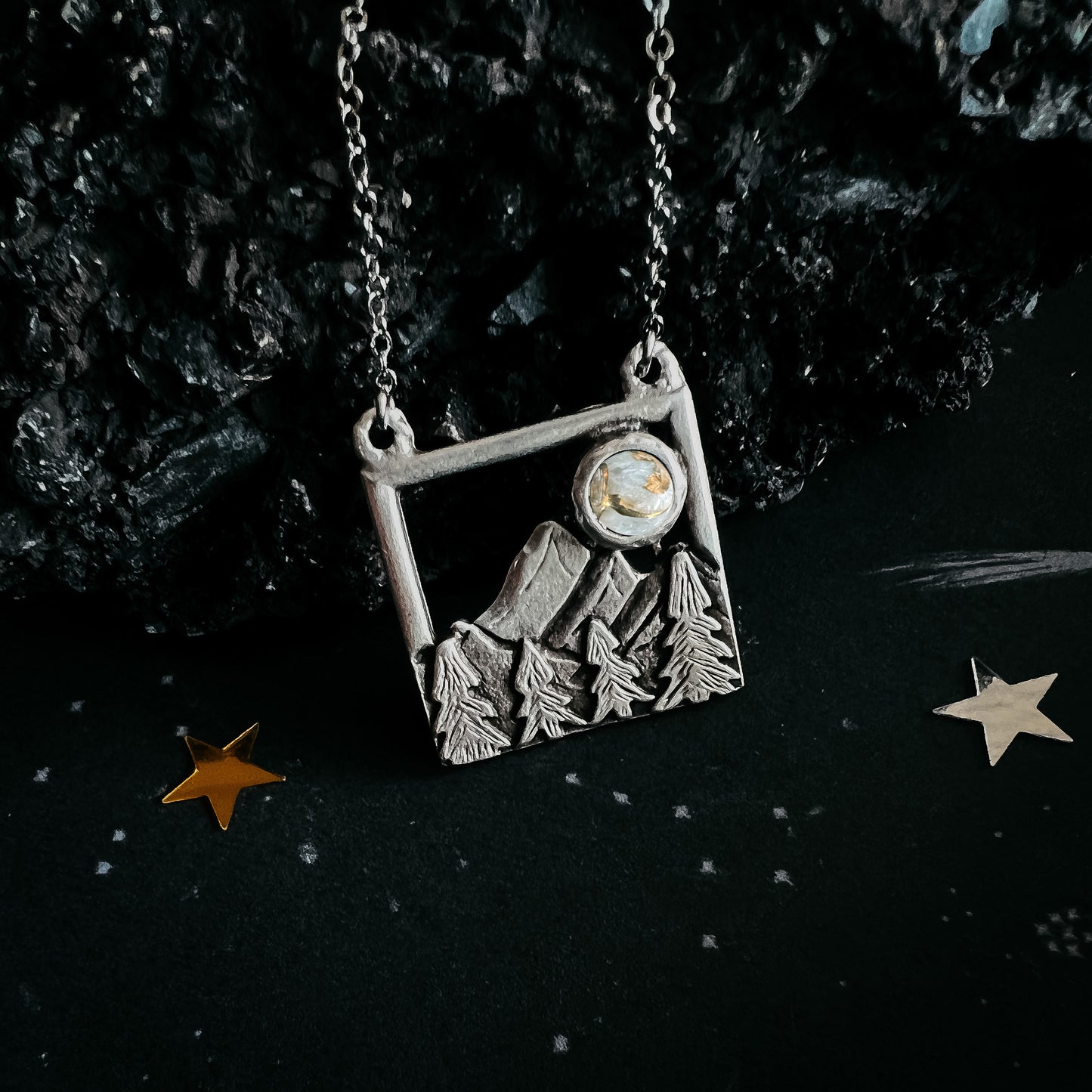 Square Mountain Landscape Necklace with Copper Calcite Moon Necklace Yugen Handmade