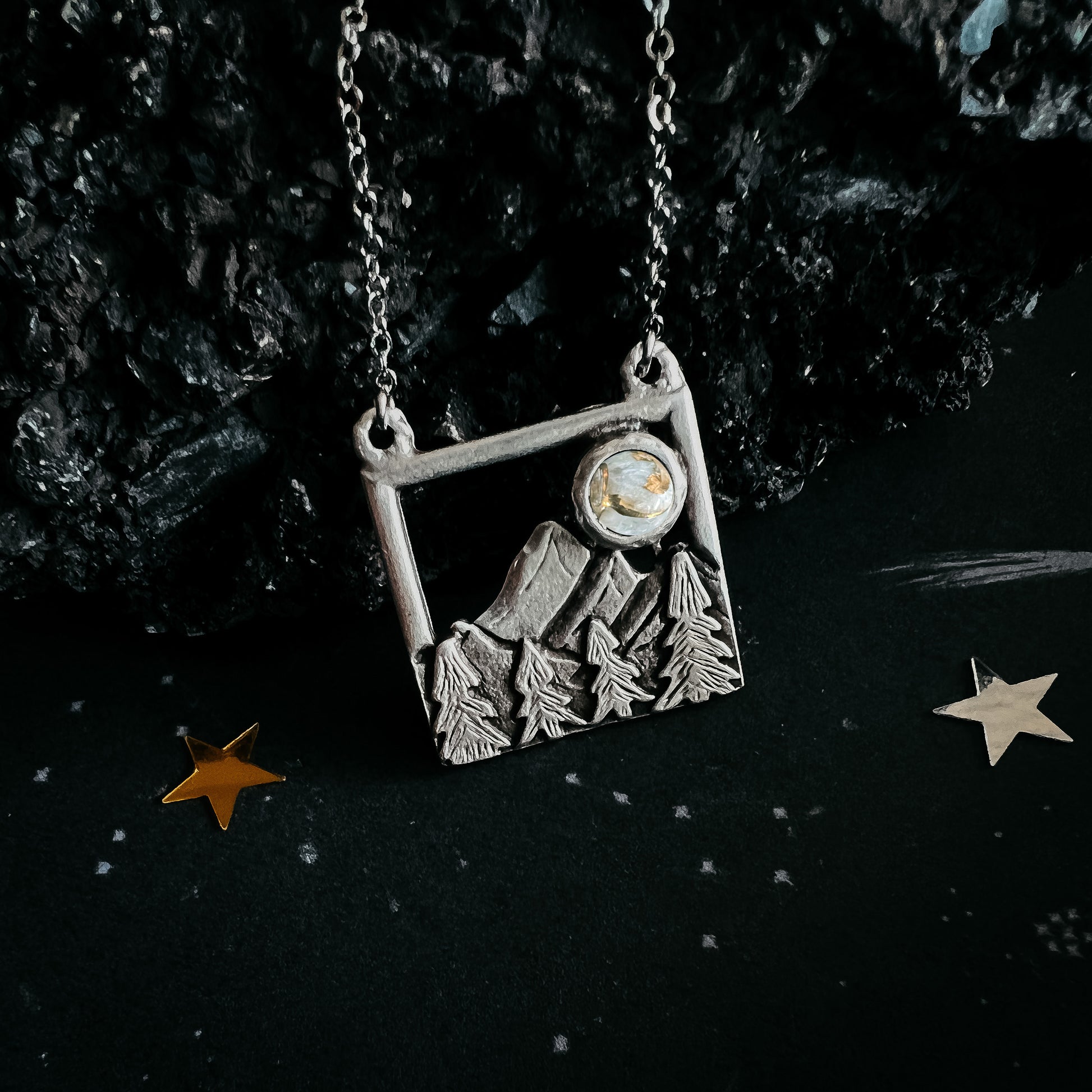 Square Mountain Landscape Necklace with Copper Calcite Moon Necklace Yugen Handmade