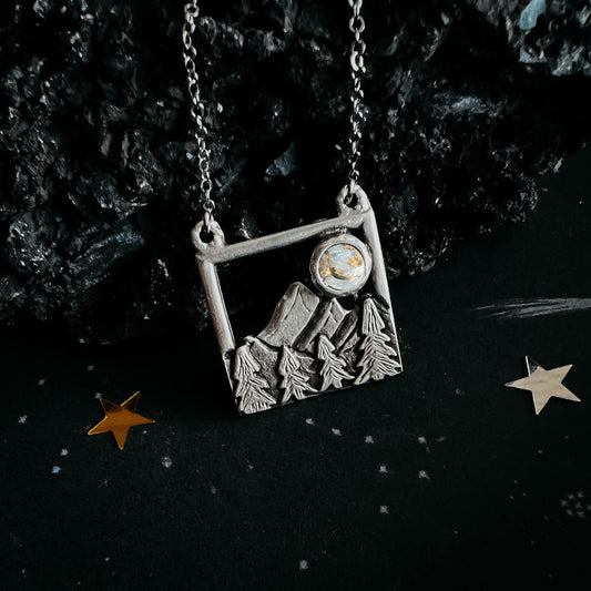Square Mountain Landscape Necklace with Copper Calcite Moon Necklace Yugen Handmade