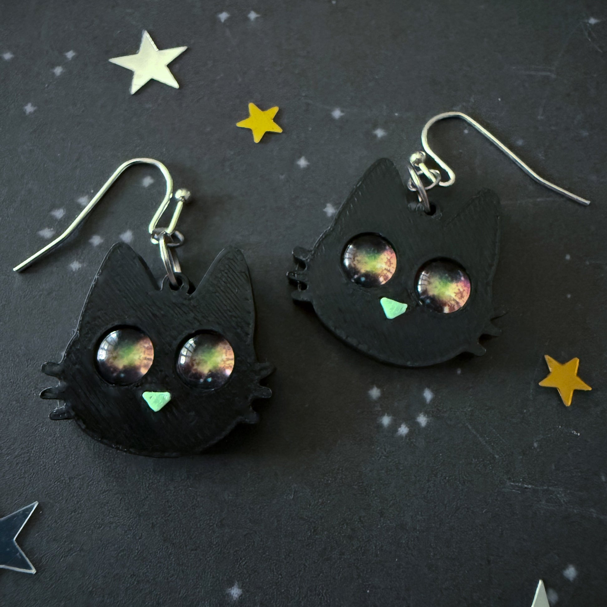Galaxy Cat Earrings - 3D Printed Cat Earrings, Galaxy Eyes, Black Cat, Halloween Accessory, Cosmic Cats, Gift for Space and Cat Lovers