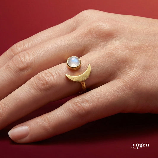 Moon Goddess Ring - Crescent Moon with Rainbow Moonstone