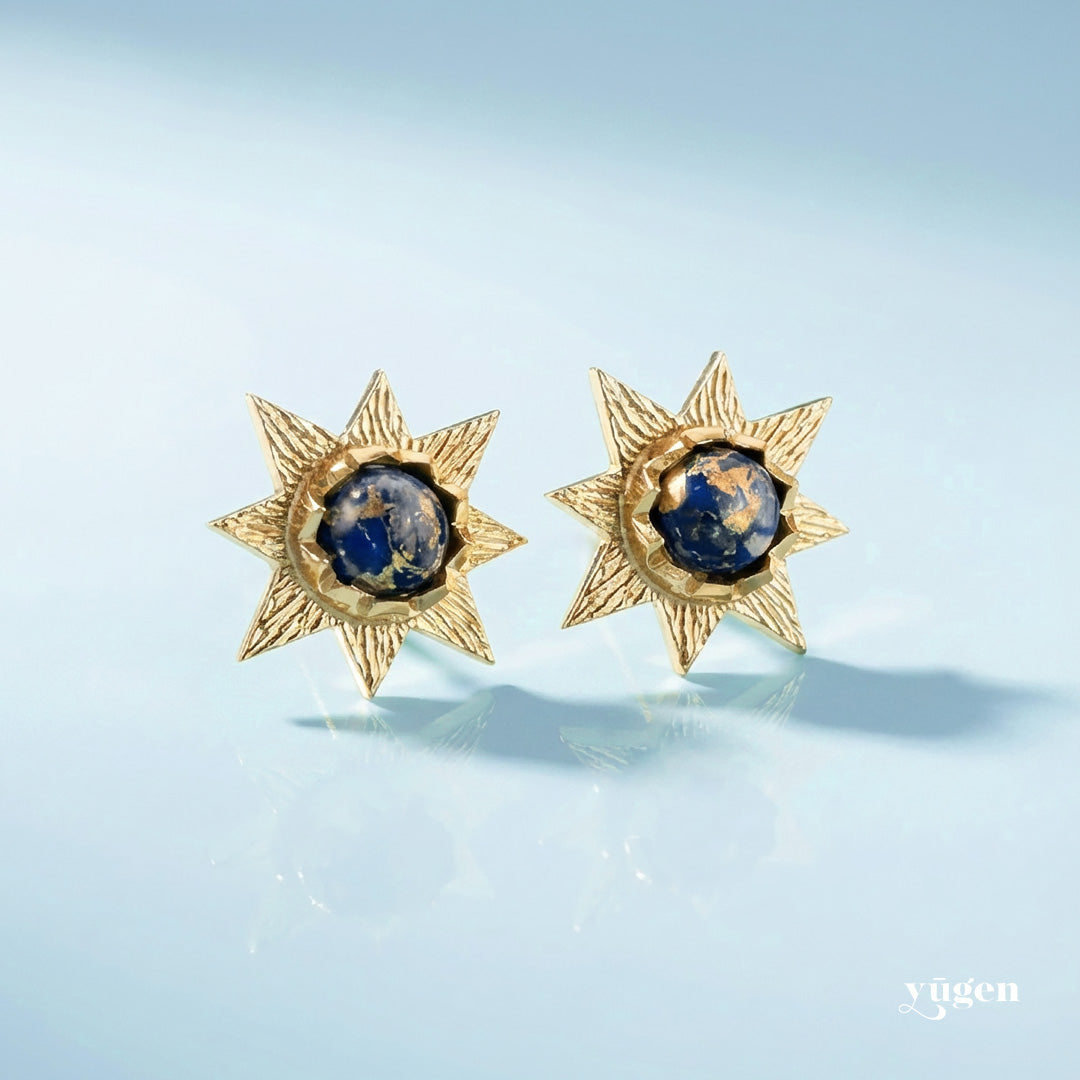Dark Before the Dawn Sunburst Stud Earrings with Copper Lapis Lazuli