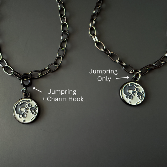Two bracelets with charms on a dark background, labeled 'Jumpring + Charm Hook' and 'Jumpring Only'.