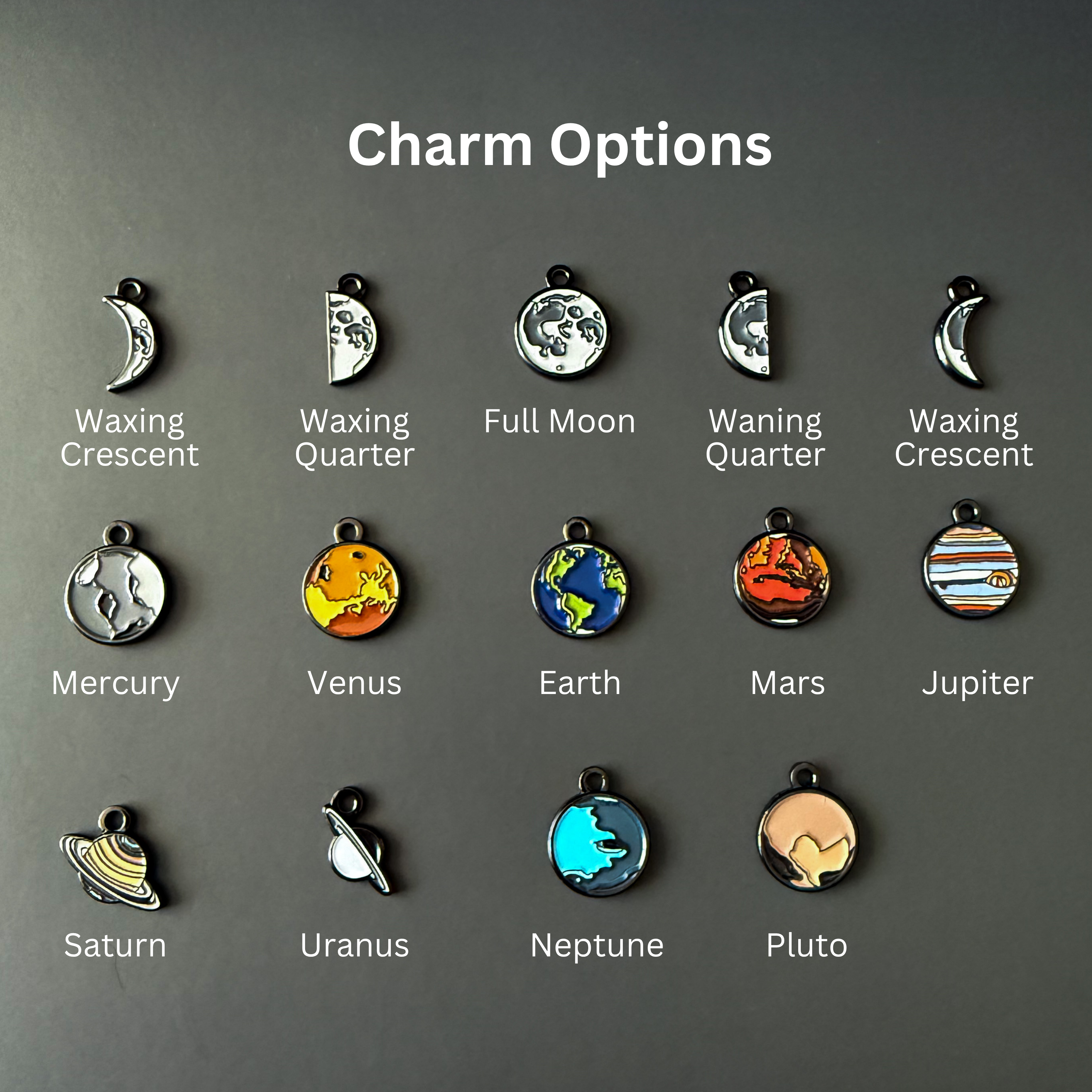 Collection of celestial charm options on a gray background