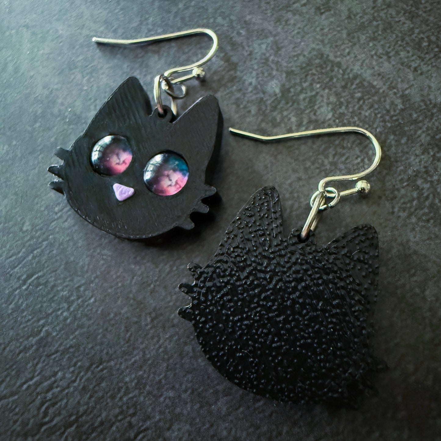 Galaxy Cat Earrings - 3D Printed Cat Earrings, Galaxy Eyes, Black Cat, Halloween Accessory, Cosmic Cats, Gift for Space and Cat Lovers