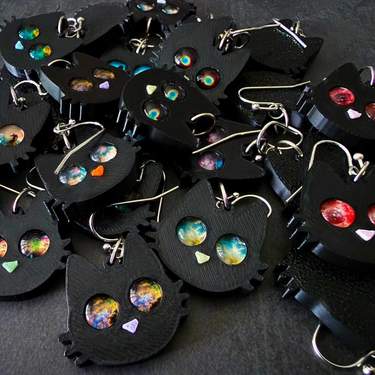 Galaxy Cat Earrings - 3D Printed Cat Earrings, Galaxy Eyes, Black Cat, Halloween Accessory, Cosmic Cats, Gift for Space and Cat Lovers